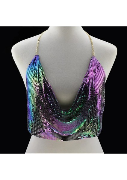 Parlak Gökuşağı Crop & Bluz Kolsuz Kayık Yaka Zırh Büstiyer fırsatları