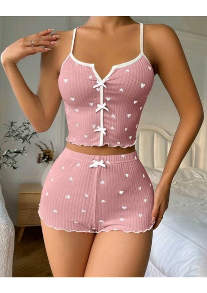 Kadın Pembe Kalpli Askılı Şortlu Pijama Takım