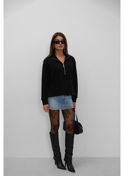 Fermuar ve Dikiş Detaylı Sweatshirt