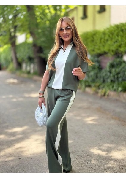 Kadın Modal Kumaş Yakası Fermuarlı Şerit Detaylı Takım