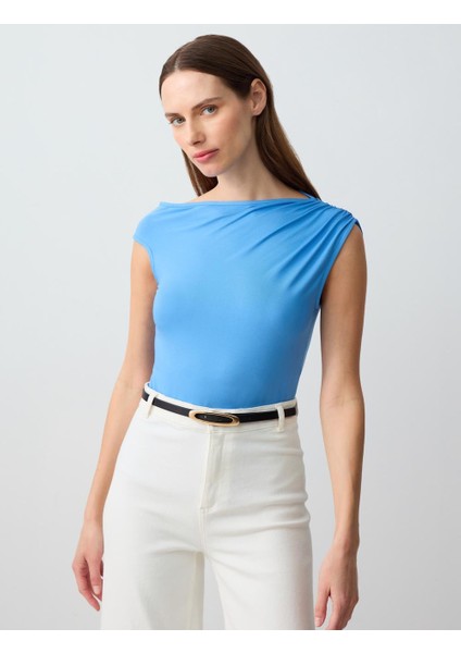 Mavi Düz Kesim Kayık Yaka Tek Omuzlu Örme Bluz
