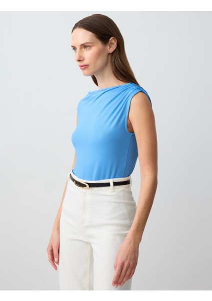 Mavi Düz Kesim Kayık Yaka Tek Omuzlu Örme Bluz modelleri