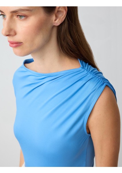 Mavi Düz Kesim Kayık Yaka Tek Omuzlu Örme Bluz indirimleri