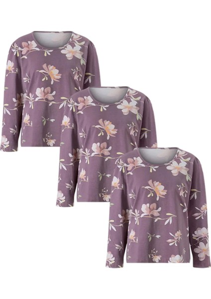 Kadın Çiçek Desenli Lila Renk Pijama Üstü 3'li Paket (Büyük Beden Seçeneğiyle)