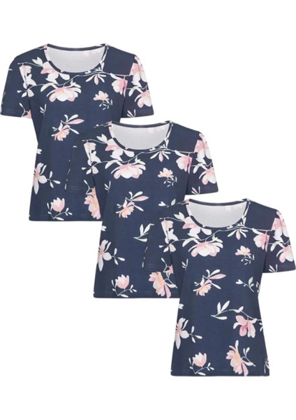 Kadın Çiçek Desenli Mavi Renk Pijama Üstü 3'li Paket (Büyük Beden Seçeneğiyle)