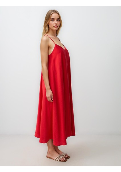 Kırmızı Rahat Kesim V Yaka Askılı Dokuma Midi Elbise modelleri