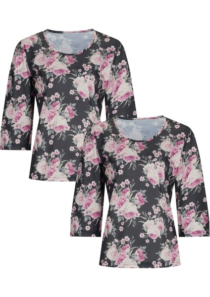 Kadın Çiçek Desenli Antrasit Renk Pijama Üstü 2'li Paket (Büyük Beden Seçeneğiyle)