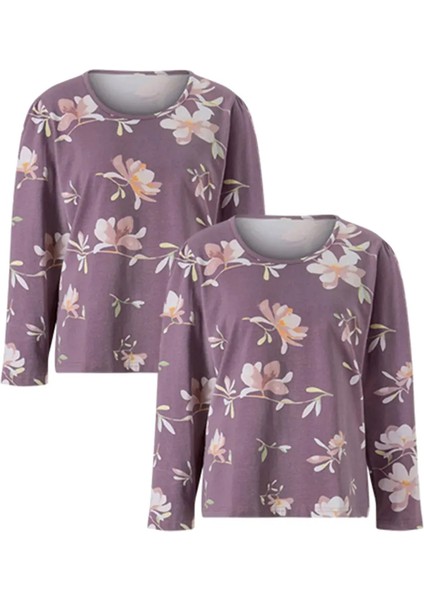 Kadın Çiçek Desenli Lila Renk Pijama Üstü 2'li Paket (Büyük Beden Seçeneğiyle)