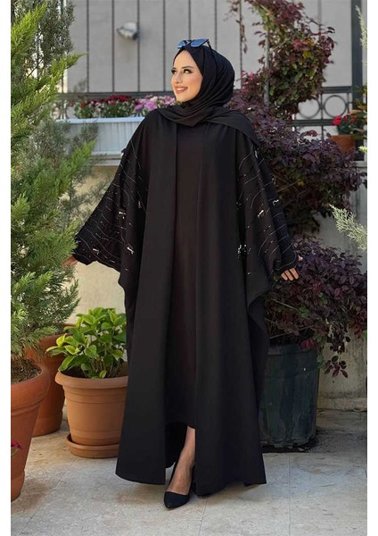 Yarasakol Işleme Detaylı Abaya 70012 Siyah
