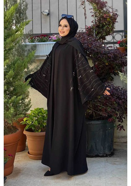 Yarasakol Işleme Detaylı Abaya 70012 Siyah