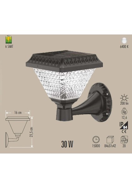 Ct 7316 Solar Bahçe Armatür 30 W 6400 K Beyaz Işık Güneş Enerjili Bahçe Lambası