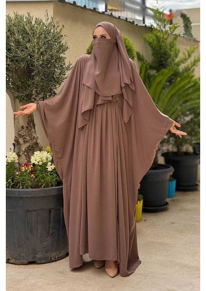 Yarasakol Belden Kuşaklı Peçeli, Şallı Elbise 6038 Vizon