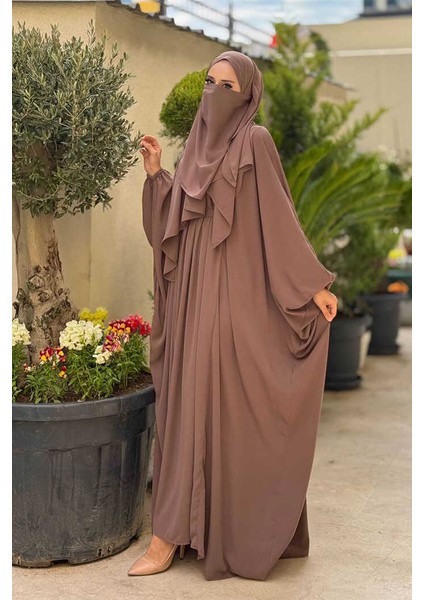 Yarasakol Belden Kuşaklı Peçeli, Şallı Elbise 6038 Vizon modelleri