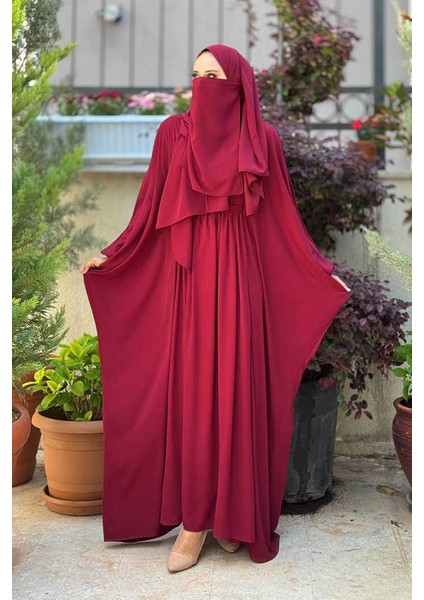 Yarasakol Belden Kuşaklı Peçeli, Şallı Elbise 6038 Bordo