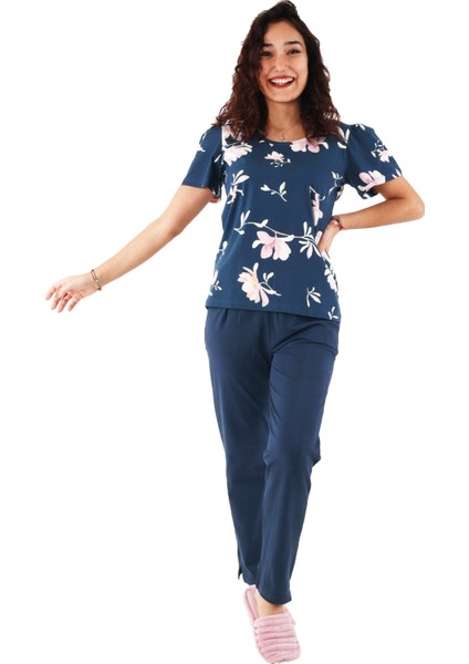 Kadın Çiçek Desenli Mavi Renk Pijama Üstü (Büyük Beden Seçeneğiyle)