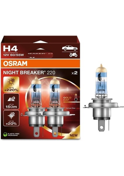 12V H4 AMPUL 60/55W +%220 PARLAK IŞIK +150 METRE FAZLA GÖRÜŞ +%20 BEYAZ IŞIK (2 AD)