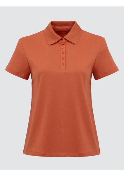 Turuncu Düz Kesim Gömlek Yaka Kısa Kollu Örme Tişört