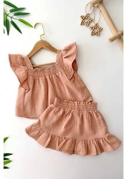 Müslin Çiçek Işleme Detaylı Fırfırlı Kız Çocuk 2 li takım - Kahve fiyatları