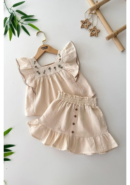 Müslin Çiçek Işleme Detaylı Fırfırlı Kız Çocuk 2 li takım - Krem