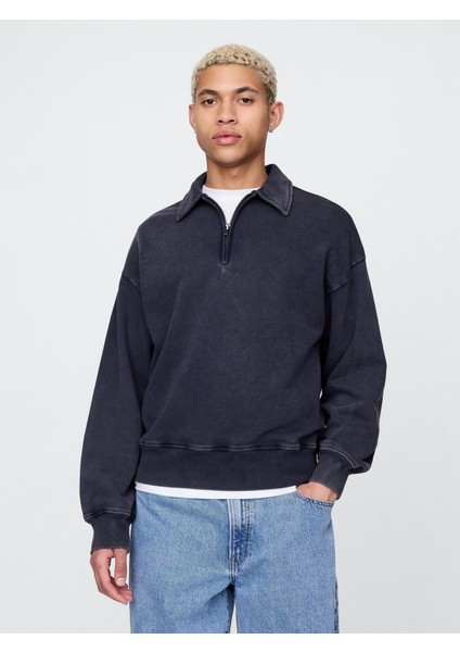 Erkek Lacivert Heavyweight Oversized Yarım Fermuarlı Sweatshirt