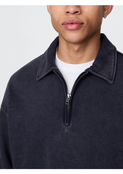 Erkek Lacivert Heavyweight Oversized Yarım Fermuarlı Sweatshirt modelleri