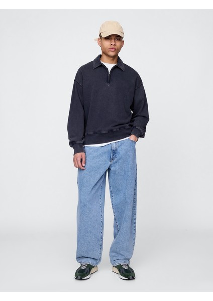 Erkek Lacivert Heavyweight Oversized Yarım Fermuarlı Sweatshirt indirimleri