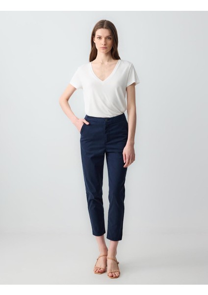Lacivert Yüksek Bel Normal Paça Yandan Cepli Dokuma Pantolon