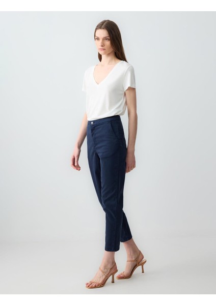 Lacivert Yüksek Bel Normal Paça Yandan Cepli Dokuma Pantolon fiyatları