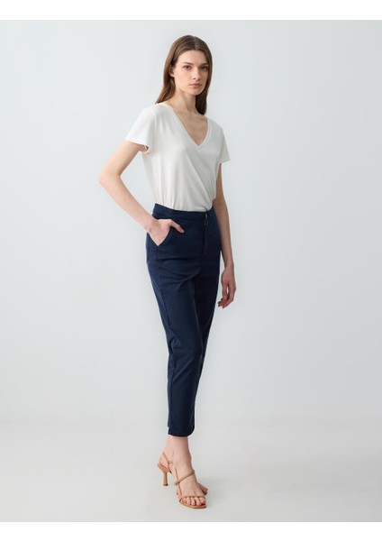 Lacivert Yüksek Bel Normal Paça Yandan Cepli Dokuma Pantolon modelleri