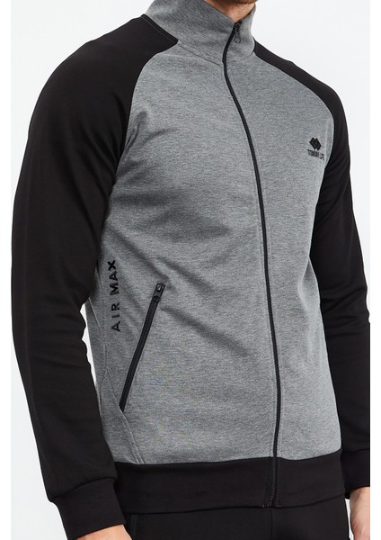 Gri Melanj-Siyah Erkek Dik Yaka Çift Renk Slim Fit Klasik Paça Eşofman Takımı-85113