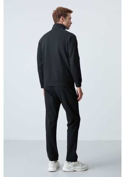 Siyah-Siyah Erkek Dik Yaka Çift Renk Slim Fit Klasik Paça Eşofman Takımı-85113 modelleri