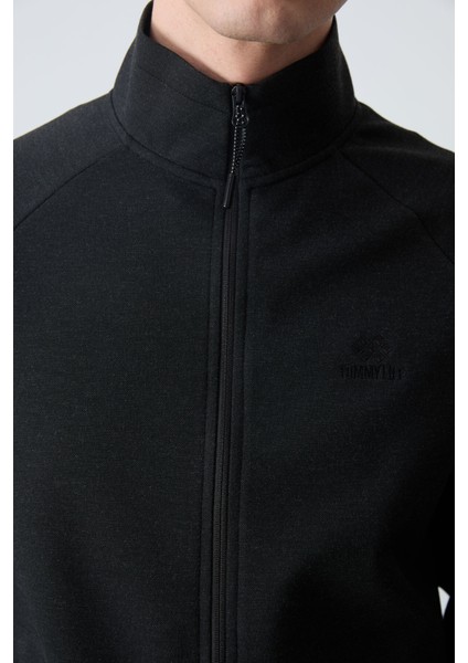 Siyah-Siyah Erkek Dik Yaka Çift Renk Slim Fit Klasik Paça Eşofman Takımı-85113