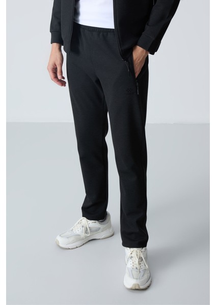 Siyah-Siyah Erkek Dik Yaka Çift Renk Slim Fit Klasik Paça Eşofman Takımı-85113