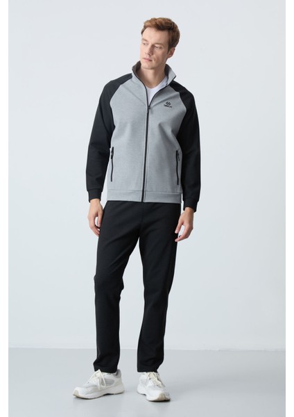 Gri Melanj-Siyah Erkek Dik Yaka Çift Renk Slim Fit Klasik Paça Eşofman Takımı-85113