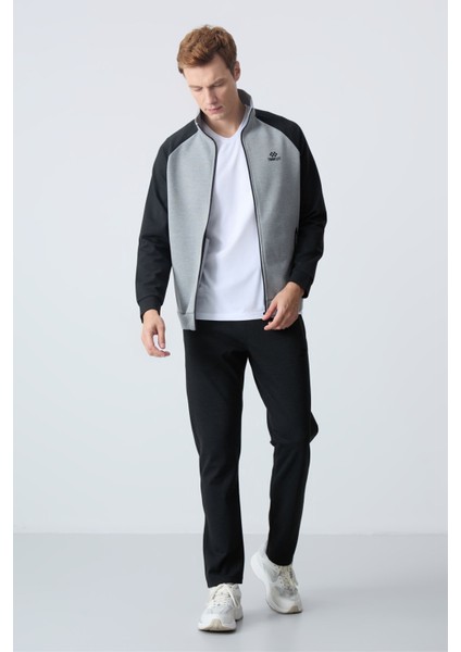 Gri Melanj-Siyah Erkek Dik Yaka Çift Renk Slim Fit Klasik Paça Eşofman Takımı-85113