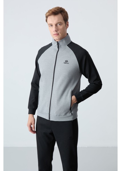 Gri Melanj-Siyah Erkek Dik Yaka Çift Renk Slim Fit Klasik Paça Eşofman Takımı-85113