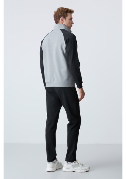 Gri Melanj-Siyah Erkek Dik Yaka Çift Renk Slim Fit Klasik Paça Eşofman Takımı-85113