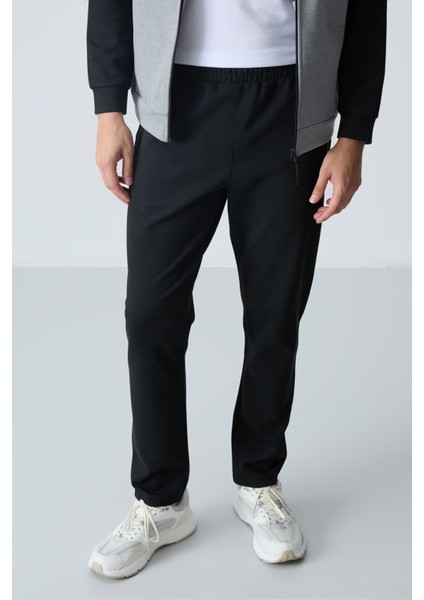 Gri Melanj-Siyah Erkek Dik Yaka Çift Renk Slim Fit Klasik Paça Eşofman Takımı-85113