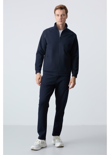 Lacivert Erkek Dik Yaka Çift Renk Slim Fit Klasik Paça Eşofman Takımı-85113