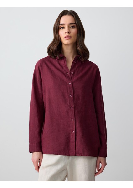 Bordo %100 Keten Düz Kesim Uzun Kollu Dokuma Gömlek