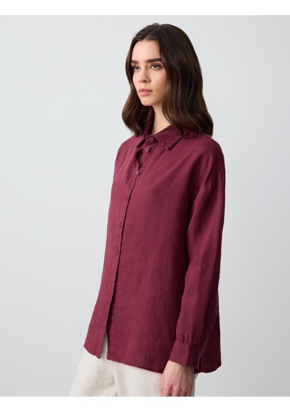 Bordo %100 Keten Düz Kesim Uzun Kollu Dokuma Gömlek modelleri