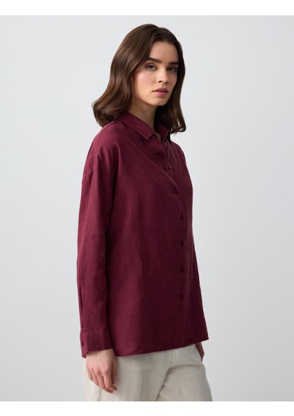 Bordo %100 Keten Düz Kesim Uzun Kollu Dokuma Gömlek fırsatları