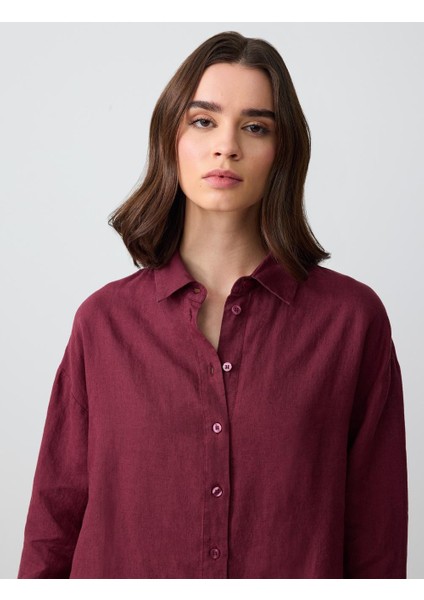 Bordo %100 Keten Düz Kesim Uzun Kollu Dokuma Gömlek indirimleri