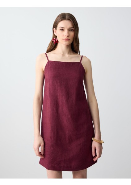 Bordo %100 Keten Düz Kesim Kısa Tulum