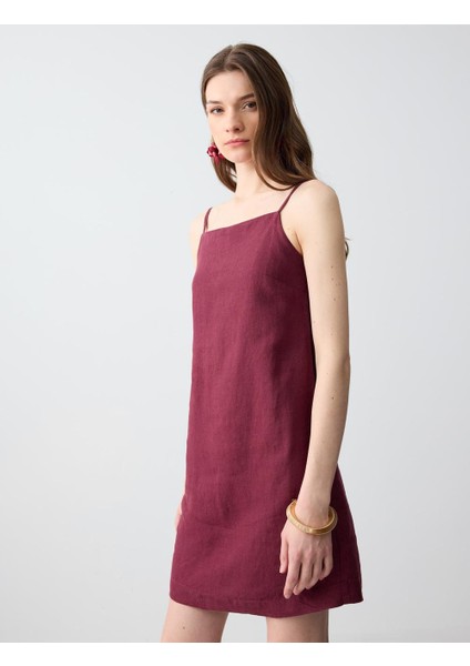 Bordo %100 Keten Düz Kesim Kısa Tulum
