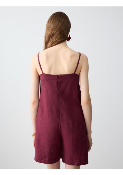 Bordo %100 Keten Düz Kesim Kısa Tulum