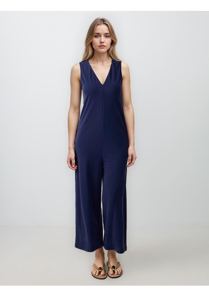 Lacivert Düz Kesim V Yaka Örme Tulum