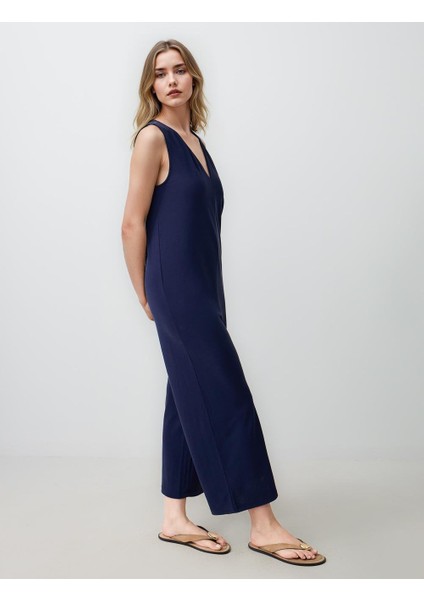 Lacivert Düz Kesim V Yaka Örme Tulum fiyatları