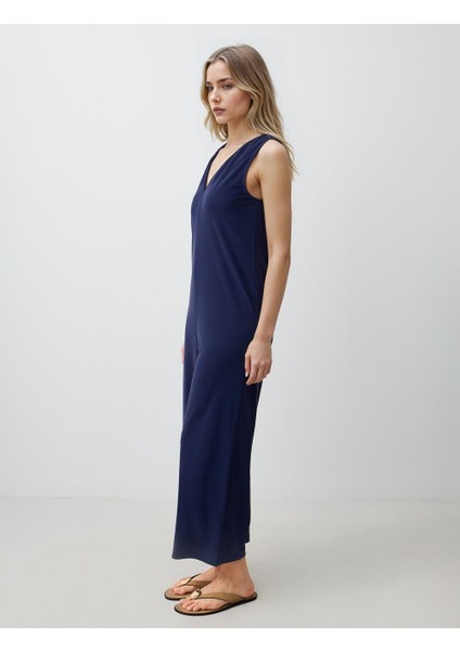 Lacivert Düz Kesim V Yaka Örme Tulum modelleri