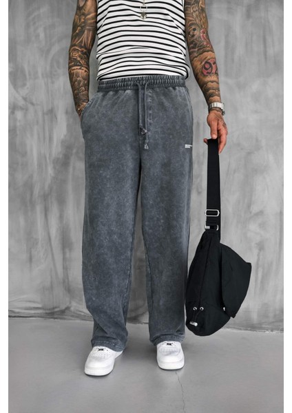 Erkek Baskılı Yıkamalı Baggy Fit Eşofman Füme